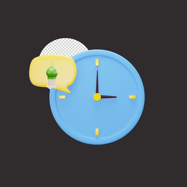 PSD blue and yellow clock and mosque 3d icon on black background