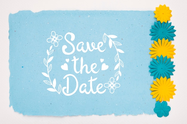 PSD blue and yellow flowers save the date mock-up