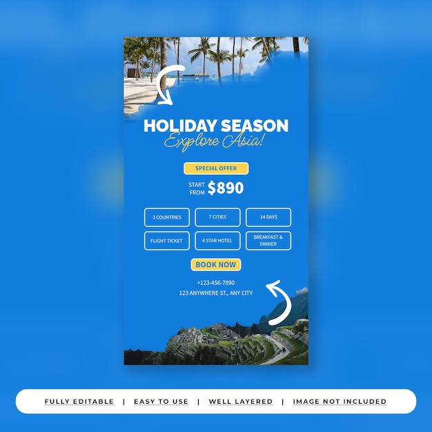 PSD blue yellow modern tour travel instagram story