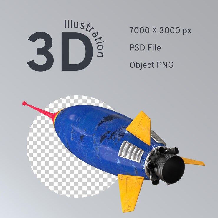 PSD blue and yellow space rocket in vintage style