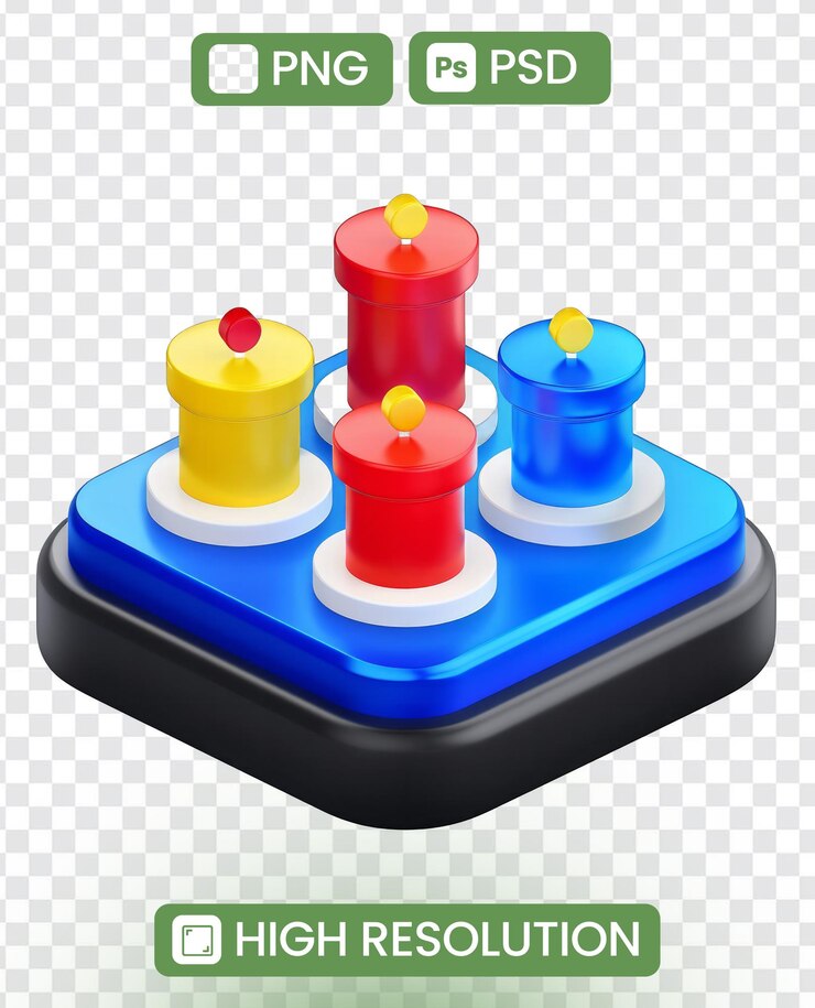PSD a blue and yellow square with four red cylinders on it