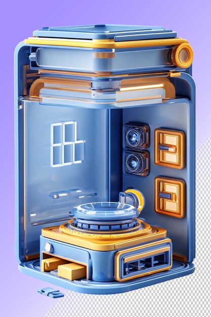 A blue and yellow stove with a glass top