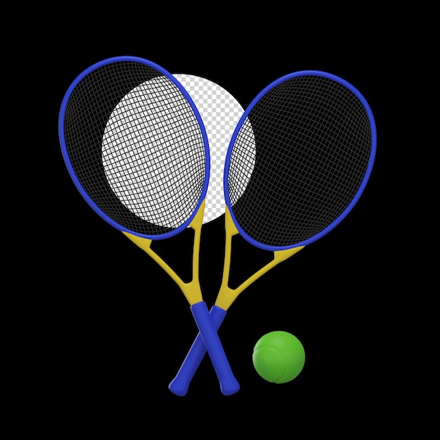 PSD icona 3d della racchetta da tennis blu e gialla su sfondo nero