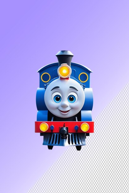 A blue and yellow toy train with the blue eyes and the blue eyes