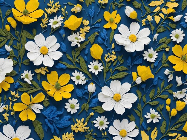 Modelli di fiori selvatici blu, gialli e bianchi aigenerati.