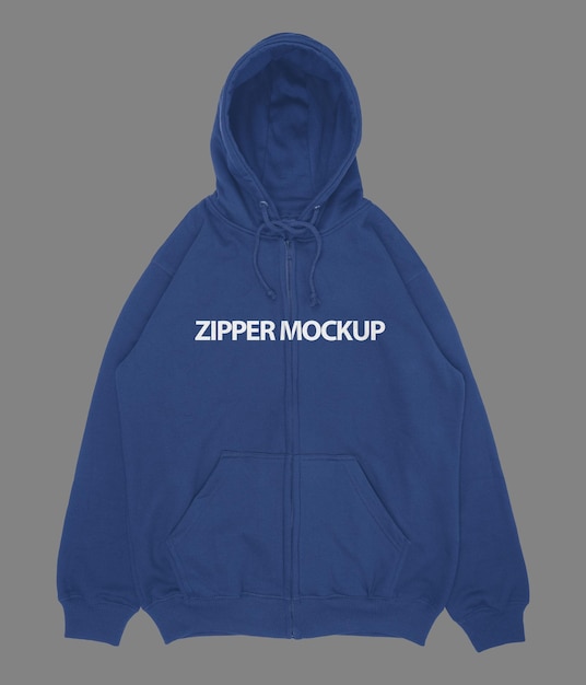 A blue zipped hoodie that says zipper mockup.