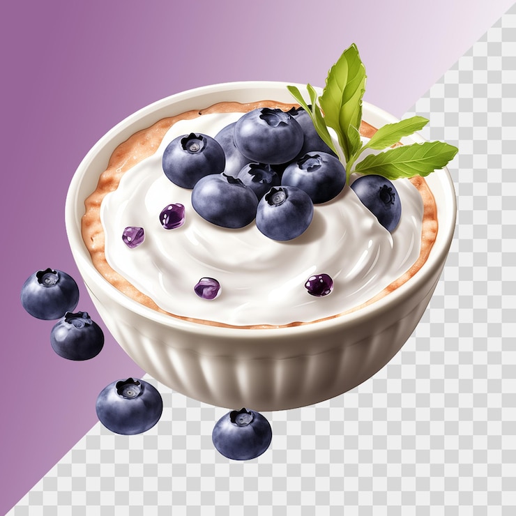 PSD blueberries and yogurt with oats isolated on transparent background