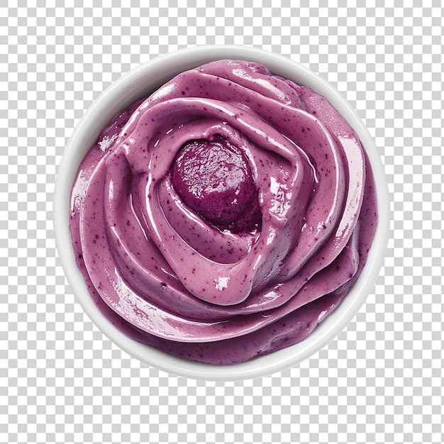 blueberry frozen yogurt swirl on white bowl isolated on transparent background