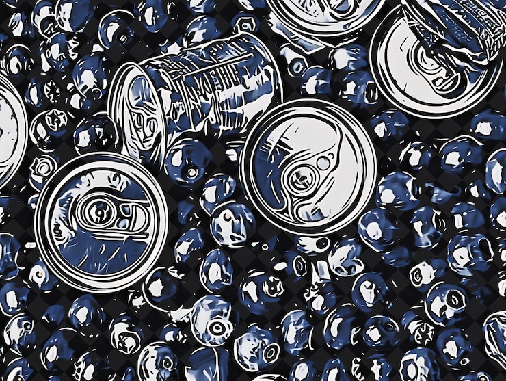 PSD blueberry stems with crumpled aluminum cans and torn plastic creative texture background designs