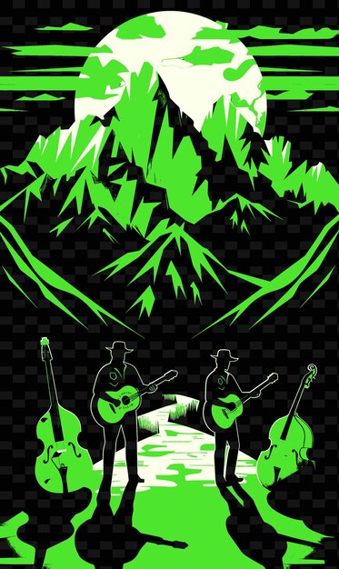 PSD 미스티 페 터 일러스트레이션 음악 포스터 아이디어와 함께 산악 풍경에서 연주하는 블루그래스 밴드