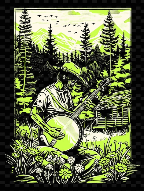 PSD bluegrass banjo player in an appalachian forest with cabins vector illustration music poster idea