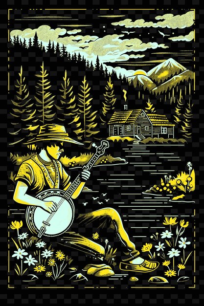 PSD bluegrass banjo player w appalachian forest z kabinami ilustracja wektorowa pomysł na plakat muzyczny