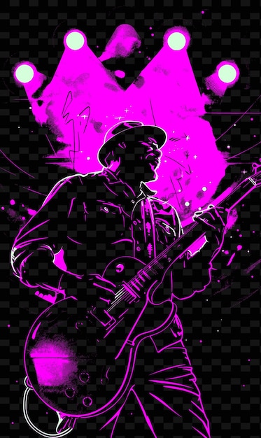 PSD bluesgitarist speelt een solo op een donker podium met spotlight vector illustration music poster idea