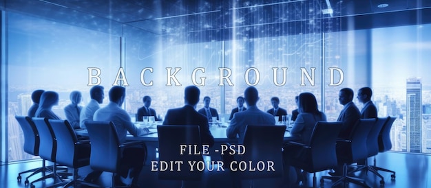 PSD Неясный вид презентации на совещании бизнес-группы, показывающий график бизнесменов синим светом