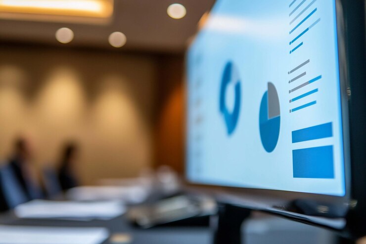 PSD blurred conference room presentation screen with charts and graphs