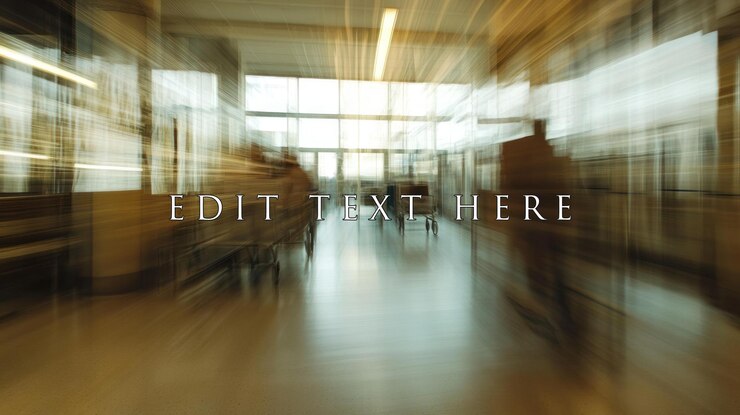 PSD blurred motion of people and carts in a bright hallway