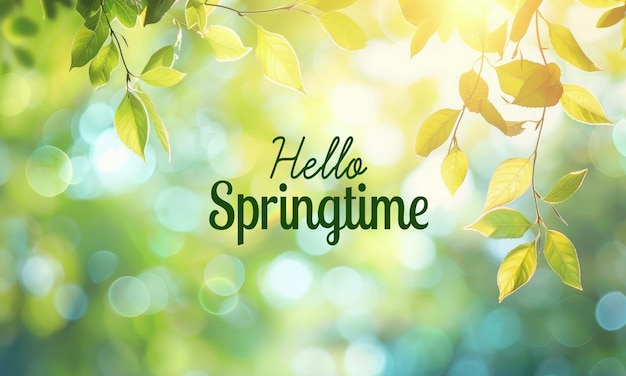 PSD blurred nature spring background with hello springtime lettering