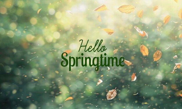 PSD blurred nature spring background with hello springtime lettering