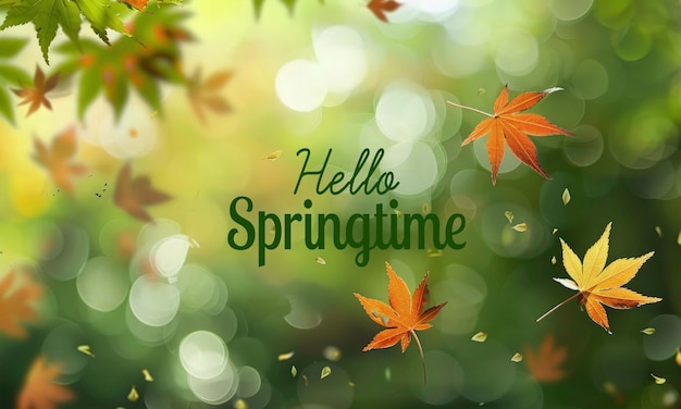 Primavera natura sfocata sullo sfondo con lettere hello primavera