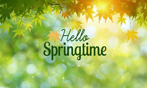 PSD blurred nature spring background with hello springtime lettering