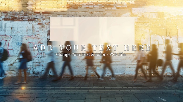 blurred people walking past blank billboard