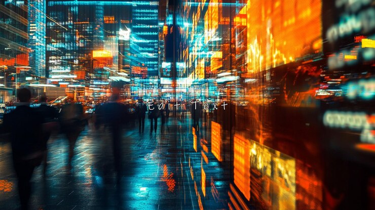 PSD blurry city street at night with bright digital displays and moving people
