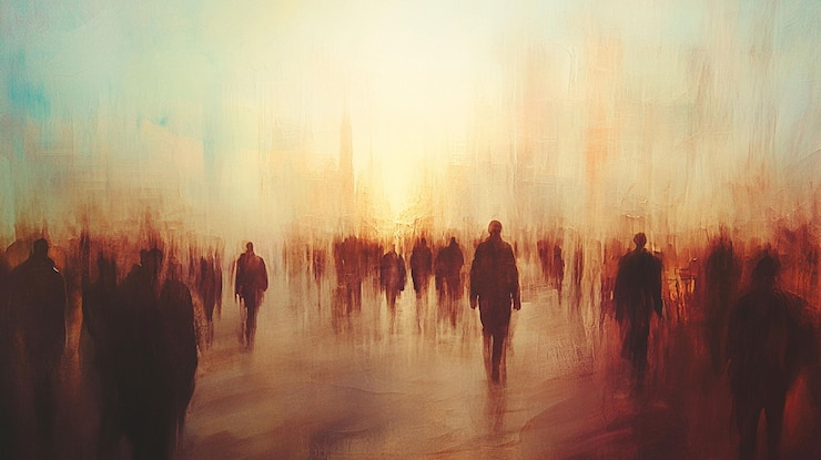 PSD blurry silhouettes of people walking in a hazy city at sunset