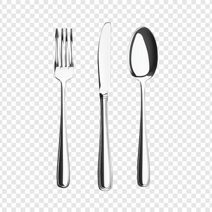 PSD błyszczący srebrnik, widelec, nóż, łyżka, restauracja, sztućce.