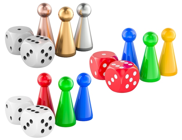 Board game pieces and dice different colors 3D rendering isolated on transparent background