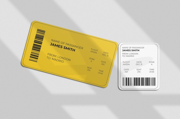PSD 그림자 오버레이가있는 탑승권 또는 티켓 모형