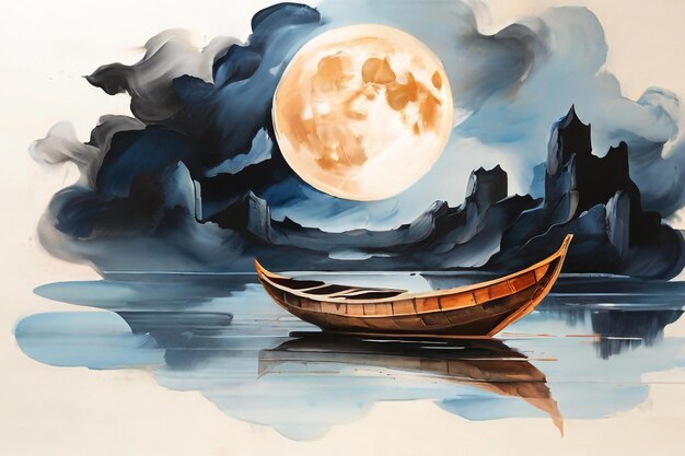 PSD a boat a moon abstract painting art hand drawn by dry brush of paint background