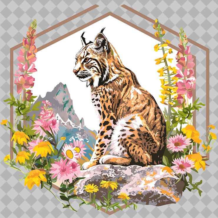 PSD bobcat animal inside a silhouette heptagon flower adorned wi png watercolor wild life collections (zbiory dzikiej przyrody)