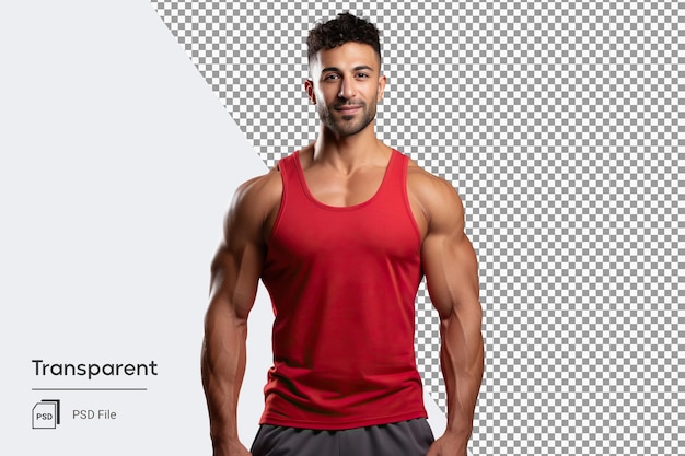 PSD bodybuilder man in sport rode tank top kleding staande voor workout training