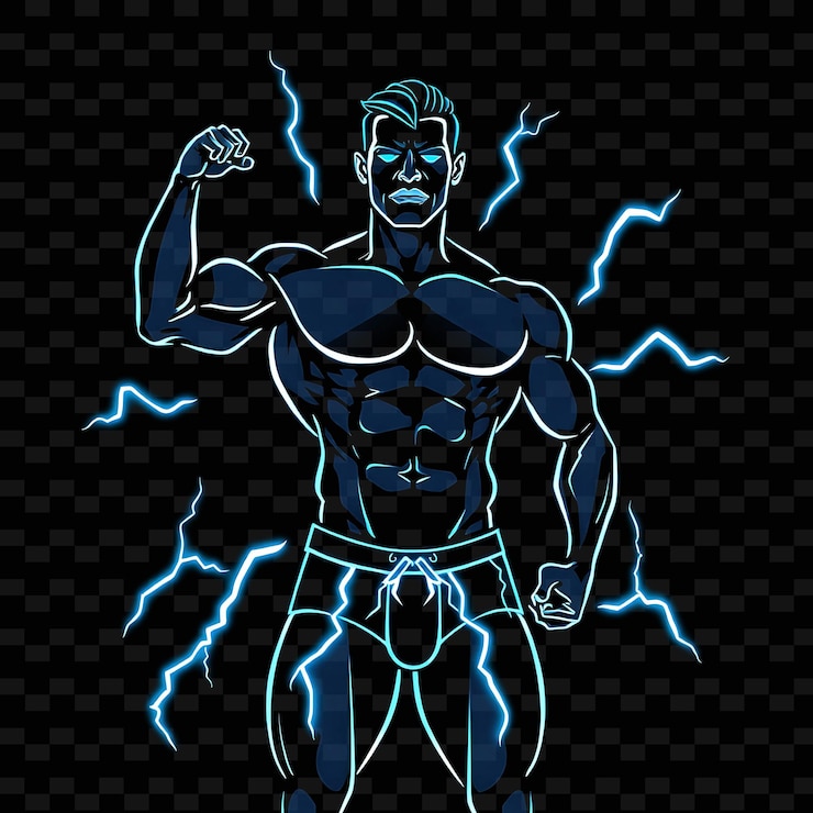 PSD bodybuilder man in trunks neon lightning art design z odważnym niebiesko-białym motywem ozdobionym
