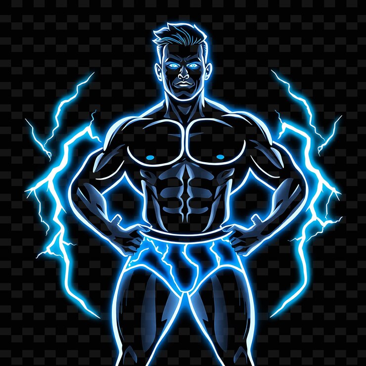 PSD bodybuilder man in trunks neon lightning art design z odważnym niebiesko-białym motywem ozdobionym
