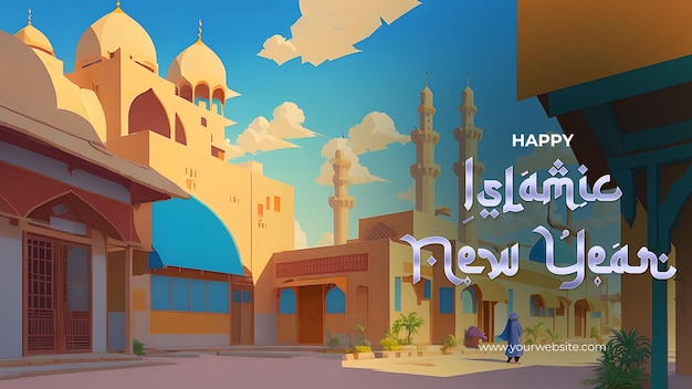 Boeiende islamitische nieuwjaarsmoskee-illustratiebanner omarmt de geest van een nieuw begin