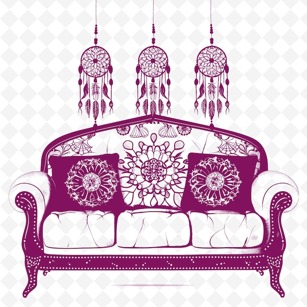 PSD bohemian sofa outline met mandala patroon en dreamcatcher illustratie decor motieven collectie