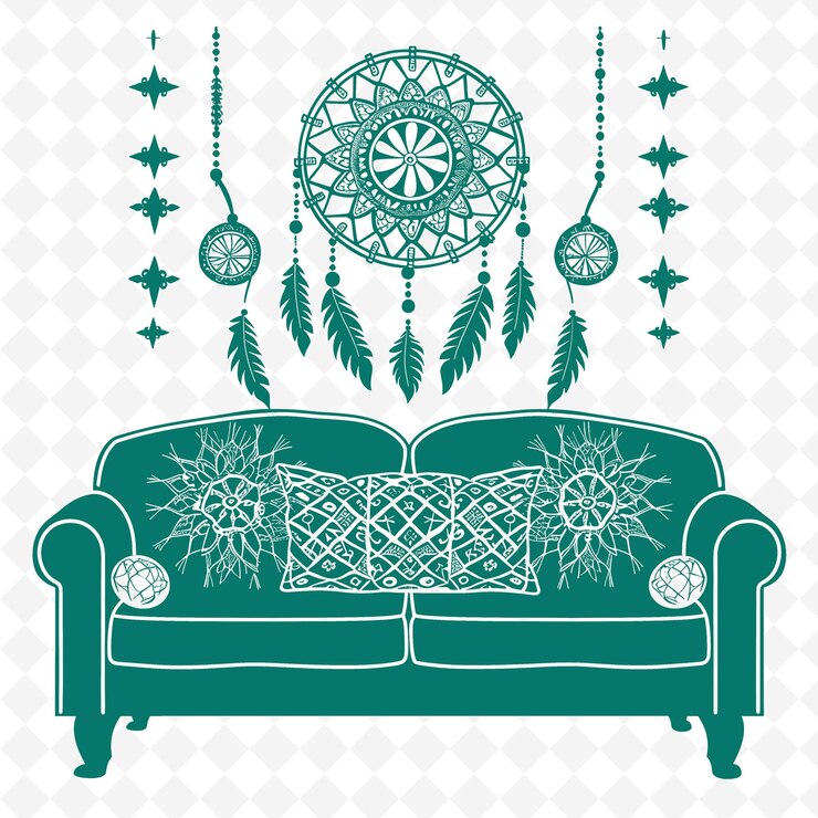 PSD bohemian sofa outline with mandala pattern and dreamcatcher illustration decor motifs collection