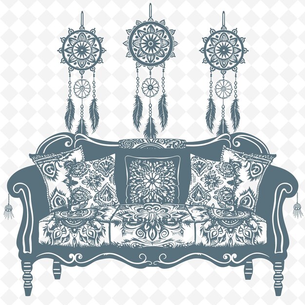 PSD bohemian sofa outline with mandala pattern and dreamcatcher illustration decor motifs collection