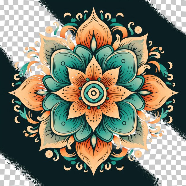 PSD boho decoratief element indiase henna ontwerp retro ornament op gekleurde mandala achtergrond met een medaillon abstract bloemenpatroon voor tibetaanse yoga transparante achtergrond