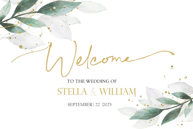 Boho floral green and golden leaves elegant wedding welcome sign