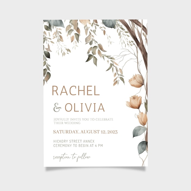 Boho floral tree print wedding invitation template editable invitations digital invitation