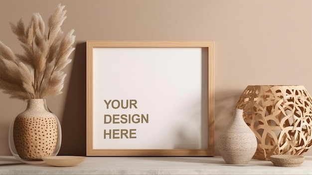 PSD boho style artwork wood frame mockup layered psd file easy to replace design via smart layers