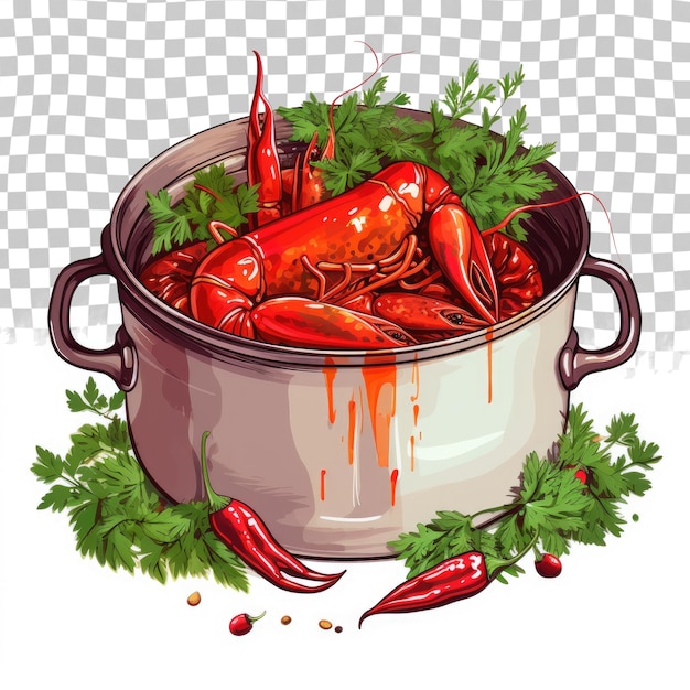 PSD boiled red crayfish or crawfish with herbs crayfish boiling in the pot on the fire isolated on tr