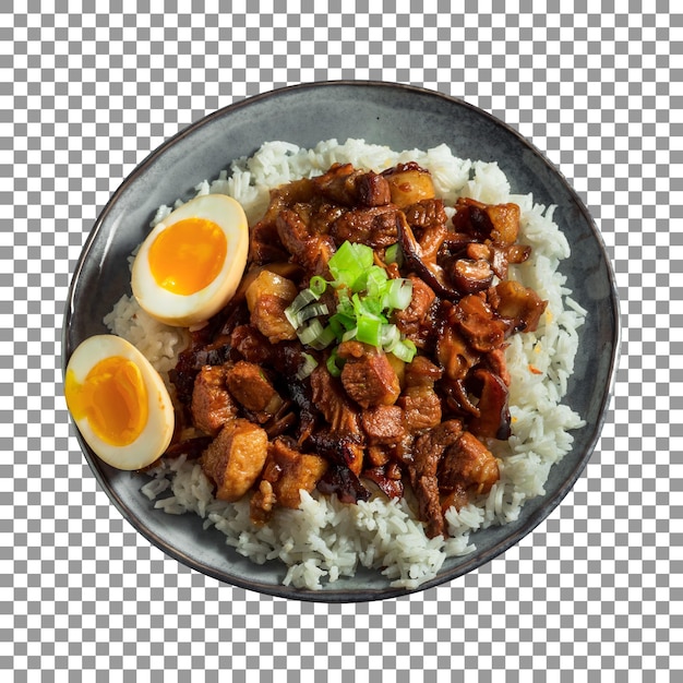 PSD boiled rice with meat and egg on transparent background