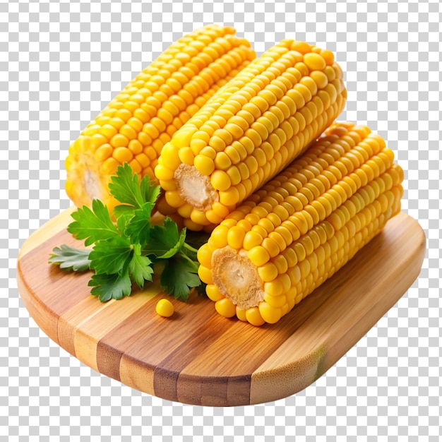 PSD boiled sweet corn on wooden cutting board isolated on transparent background