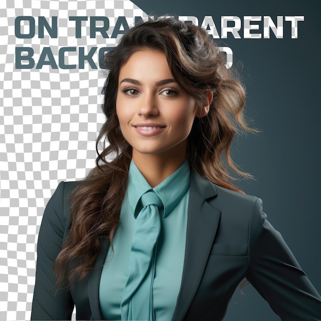 PSD bold beautiful and aboriginal flight attendant with wavy hair strikes elegant pose on teal background