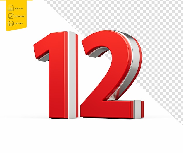 Bold Vibrant Red Number Twelve Number 12 With Metallic On White Background 3D Illustration