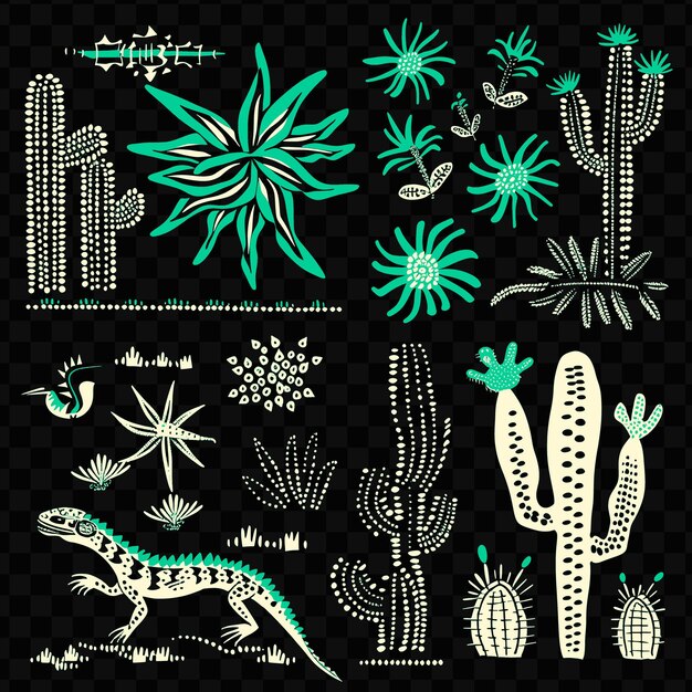 PSD bold yucca plant borderlines design con motivi di lucertola e d tattoo natural art outline scribble