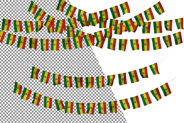 Set di decorazioni per corde con stamina della bandiera della bolivia, rendering 3d per la celebrazione della piccola bandiera